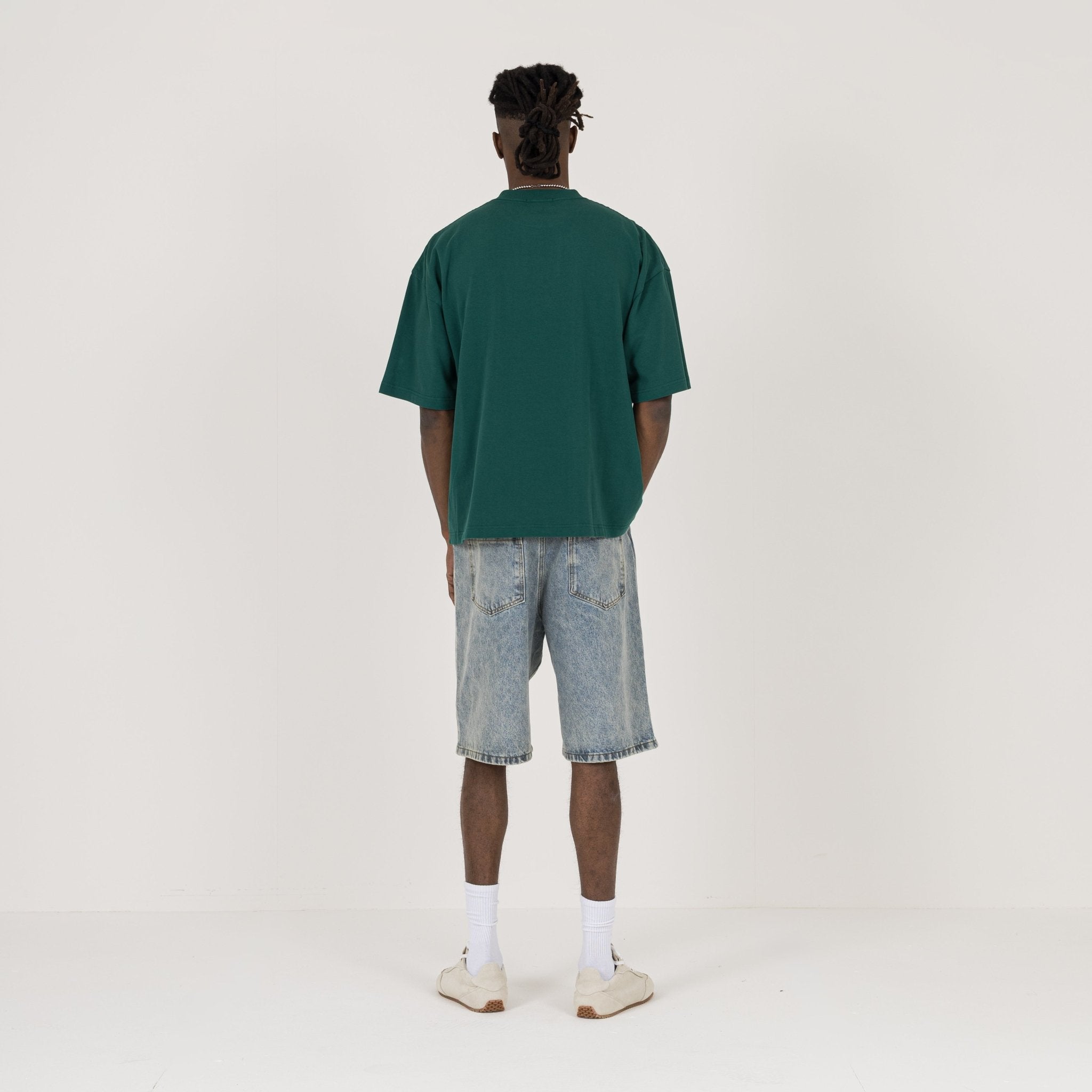 Model Back view of Destructive Cropped Evergreen T-Shirt